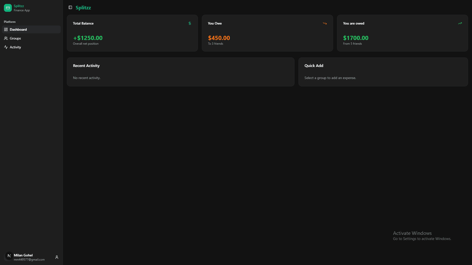 Splitzz App Dashboard